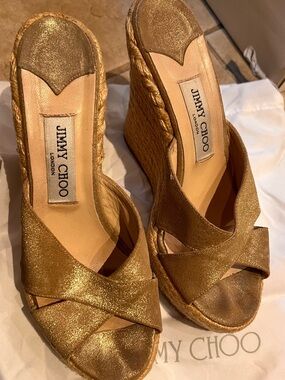 Jimmy Choo Metallic Gold Espadrille Wedge Sandals 9